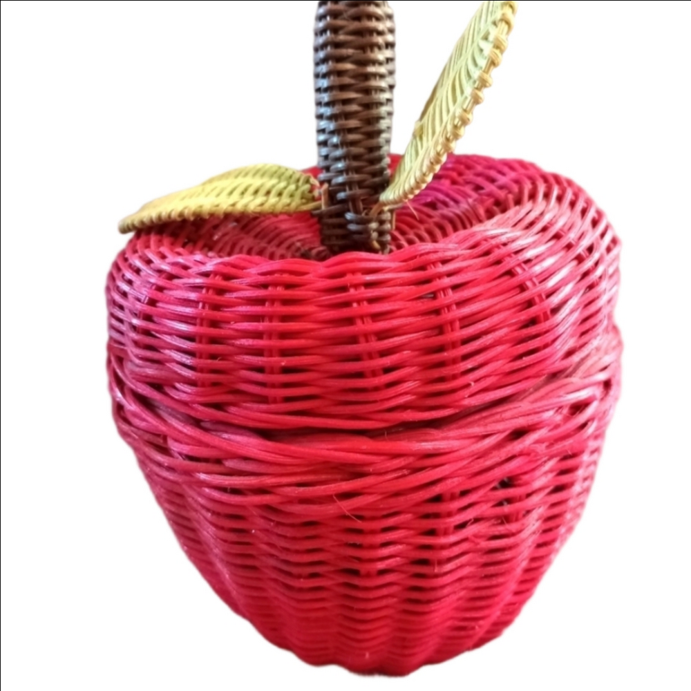 Vintage red & green wicker apple storage container with attached lid